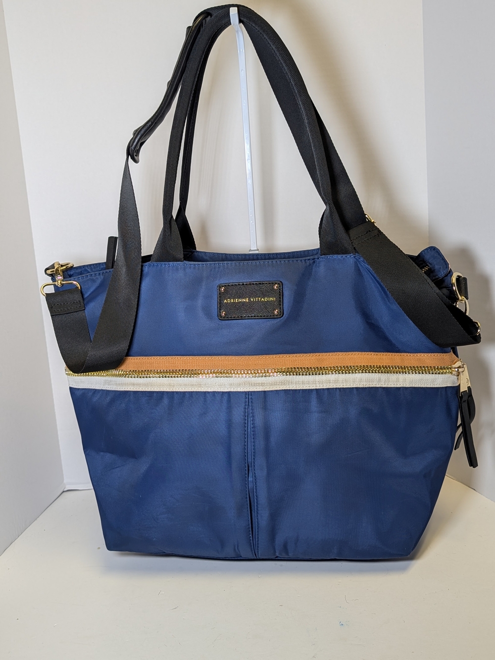 Adrienne Vittadini Navy Tote with Black Straps and Tan Accent